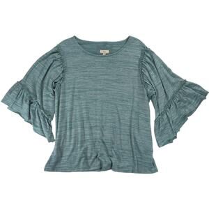 Cupio Teal Blue Ruffle Tiered Sleeve Space Dye Knit Top Blouse XL Women